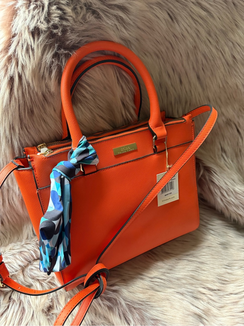 Trina Turk Orange Handbag with Blue Scarf and Interior and Gold Accents - Picture 6 of 11